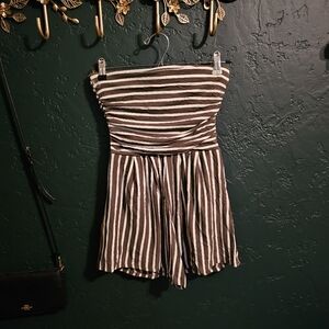 Girls Strapless Olive Green and White Striped One-Piece Romper